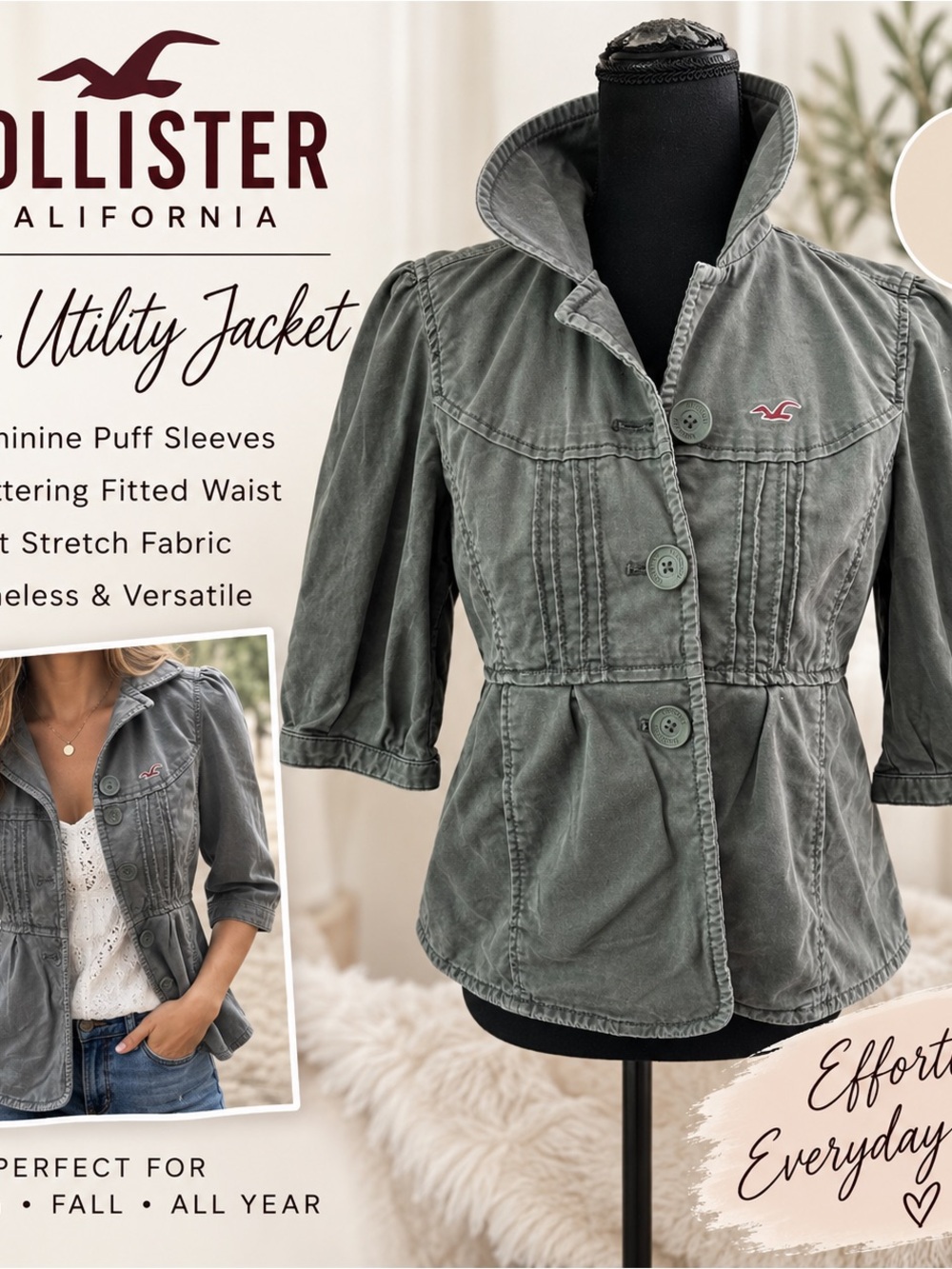 Hollister Olive Green Puff-Sleeve Utility Jacket
